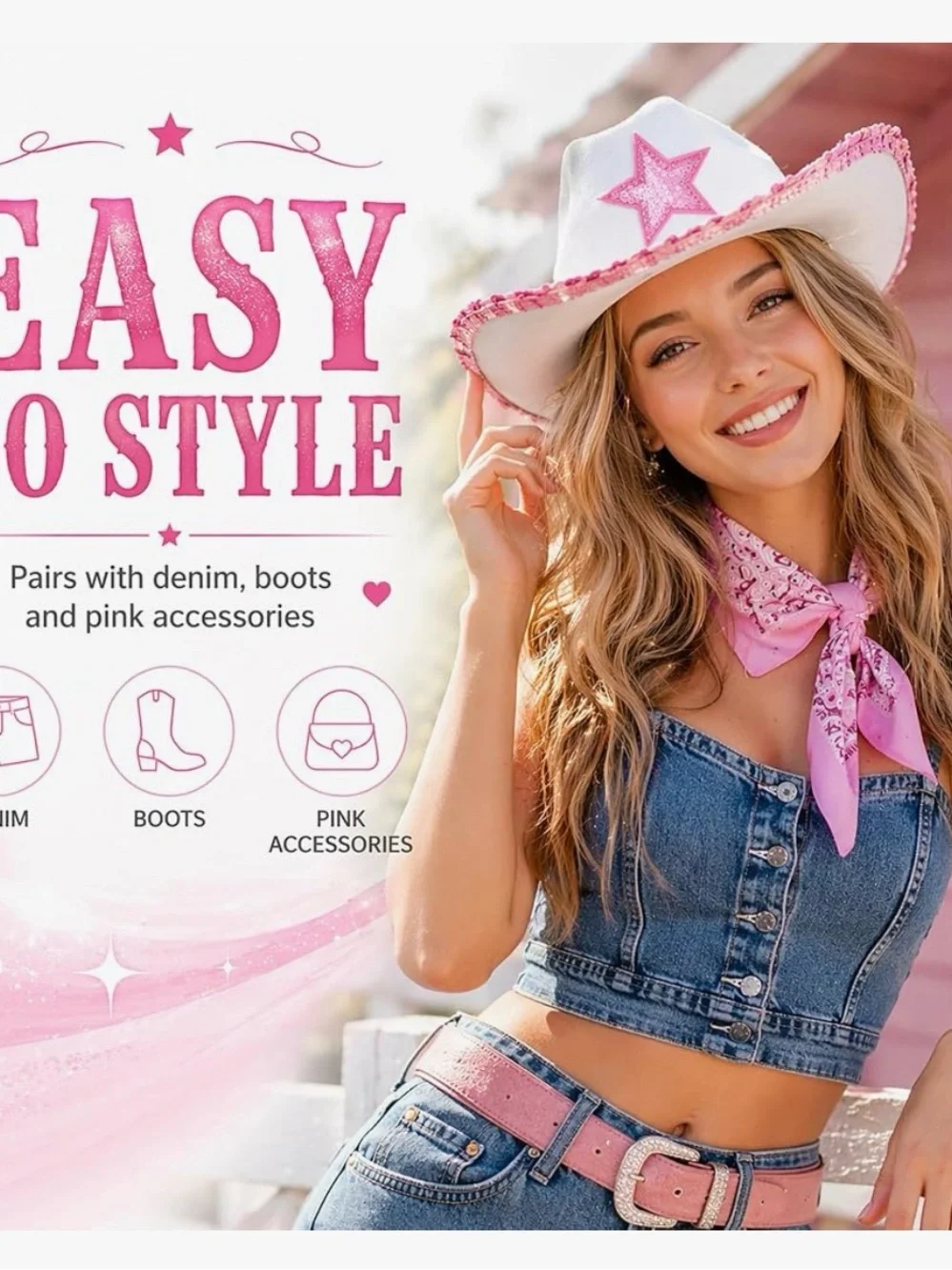 White with Pink  trim Cowgirl Hat # 3, 22 x 3 x 15,Cowboy Hat Fedora Cow